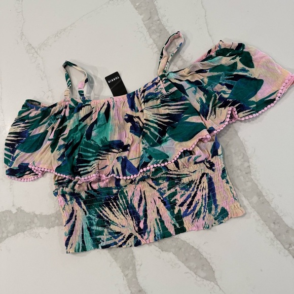 Torrid NWT Crinkle Gauze Cold Shoulder Top Womens 1 Pink/Green Tropical Palm - Picture 2 of 9